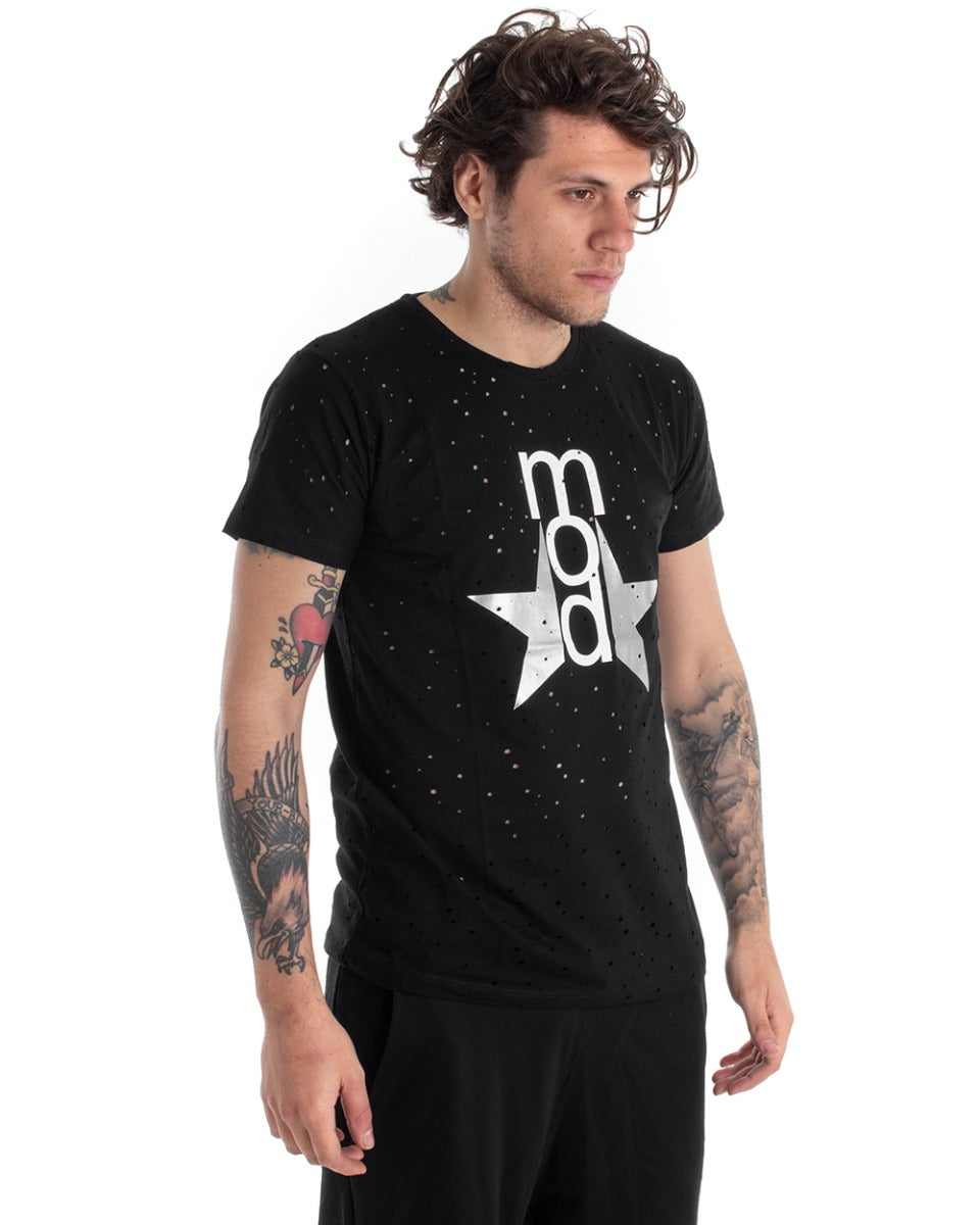 T-shirt Uomo Manica Corta Stampa Girocollo Traforata Tinta Unita Nera GIOSAL-TS2755A