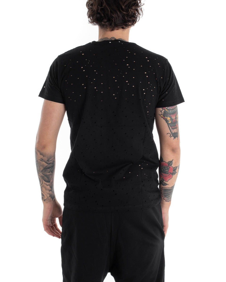 T-shirt Uomo Manica Corta Stampa Girocollo Traforata Tinta Unita Nera GIOSAL-TS2755A