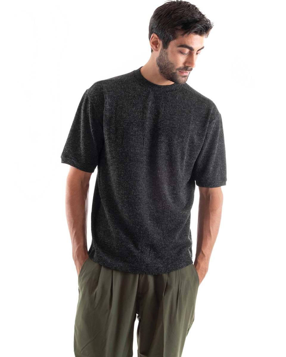T-shirt Uomo Maglia Manica Corta Girocollo Tinta Unita Nera Casual GIOSAL