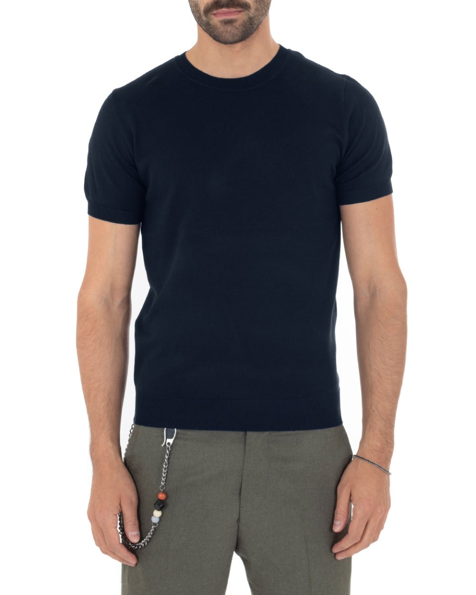 T-Shirt Uomo Manica Corta Tinta Unita Blu Girocollo Filo Casual GIOSAL-TS2775A