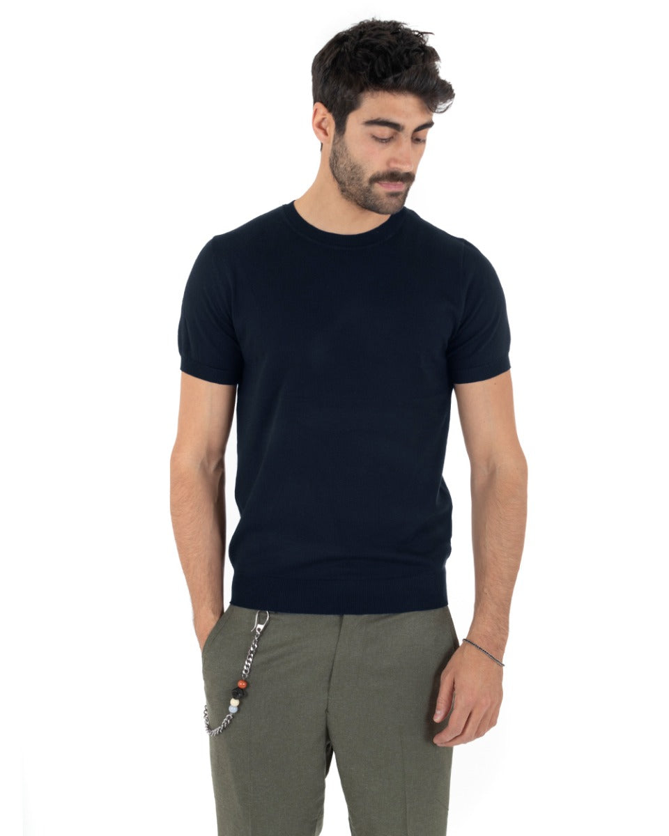 T-Shirt Uomo Manica Corta Tinta Unita Blu Girocollo Filo Casual GIOSAL-TS2775A