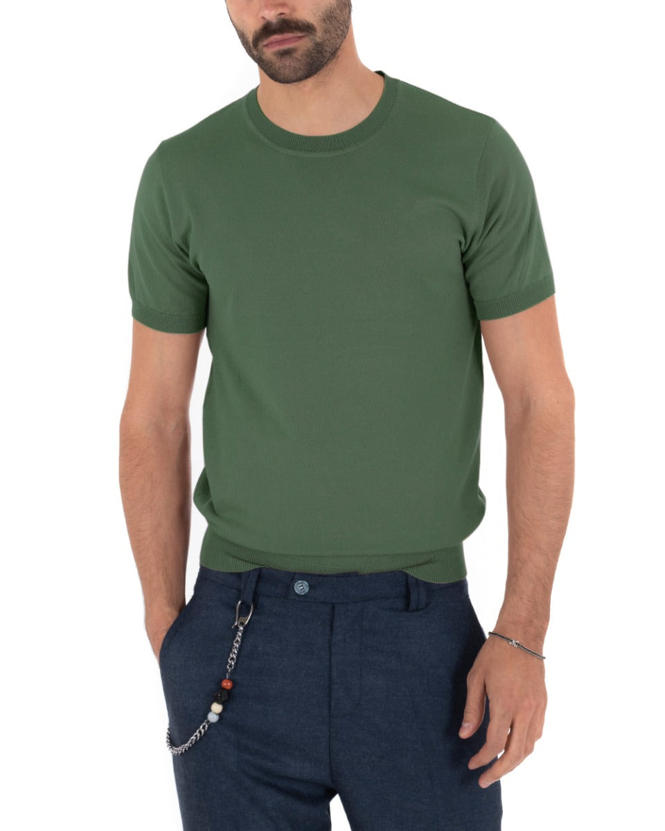 T-Shirt Uomo Manica Corta Tinta Unita Verde Militare Girocollo Filo Casual GIOSAL-TS2776A