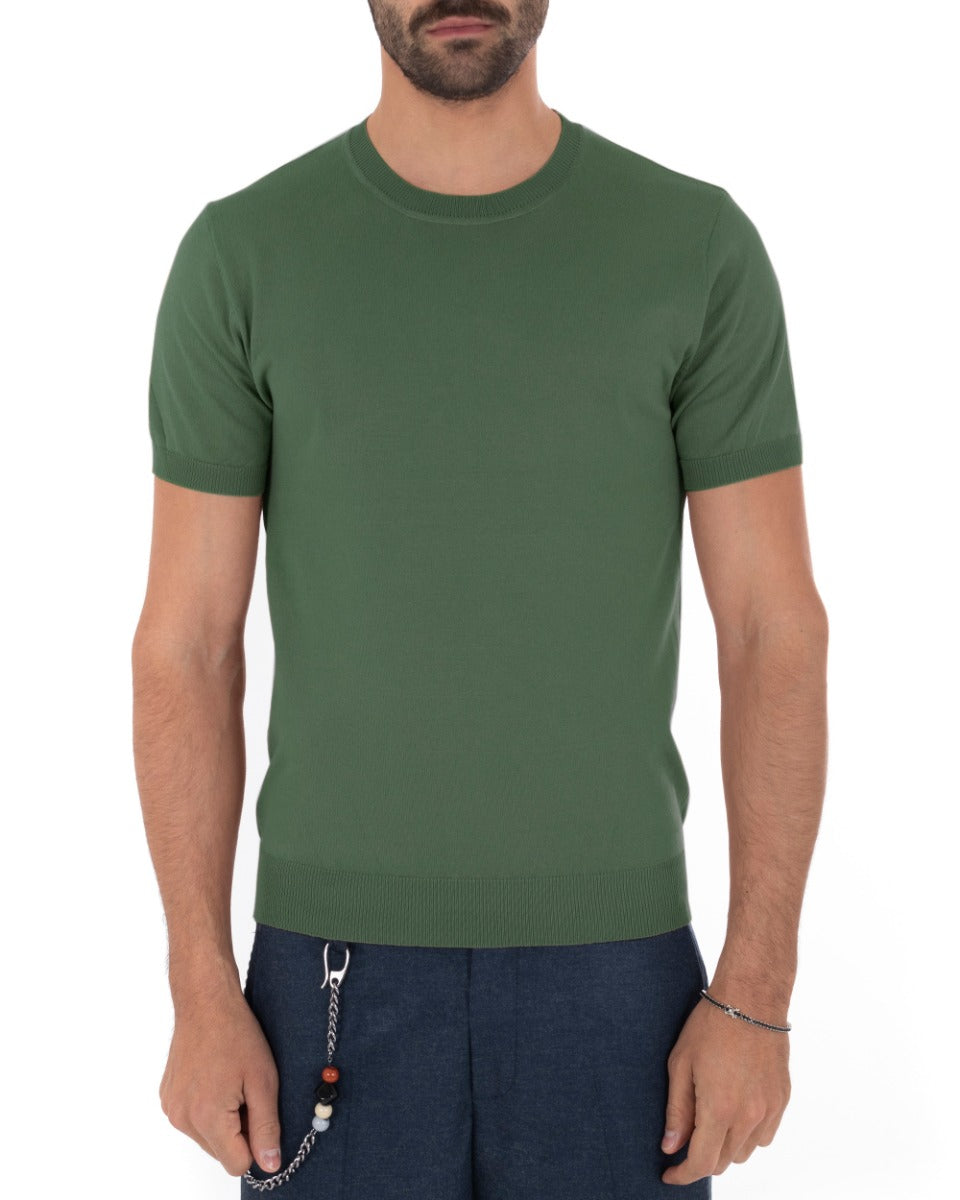 T-Shirt Uomo Manica Corta Tinta Unita Verde Militare Girocollo Filo Casual GIOSAL-TS2776A