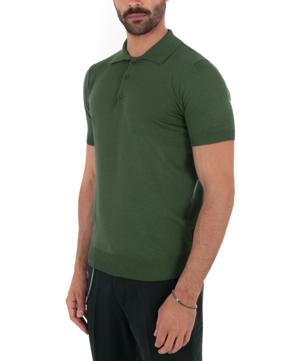 Polo Filo Uomo T-Shirt Manica Corta Con Colletto Bottoni Tinta Unita Verde Casual GIOSAL-TS2777A