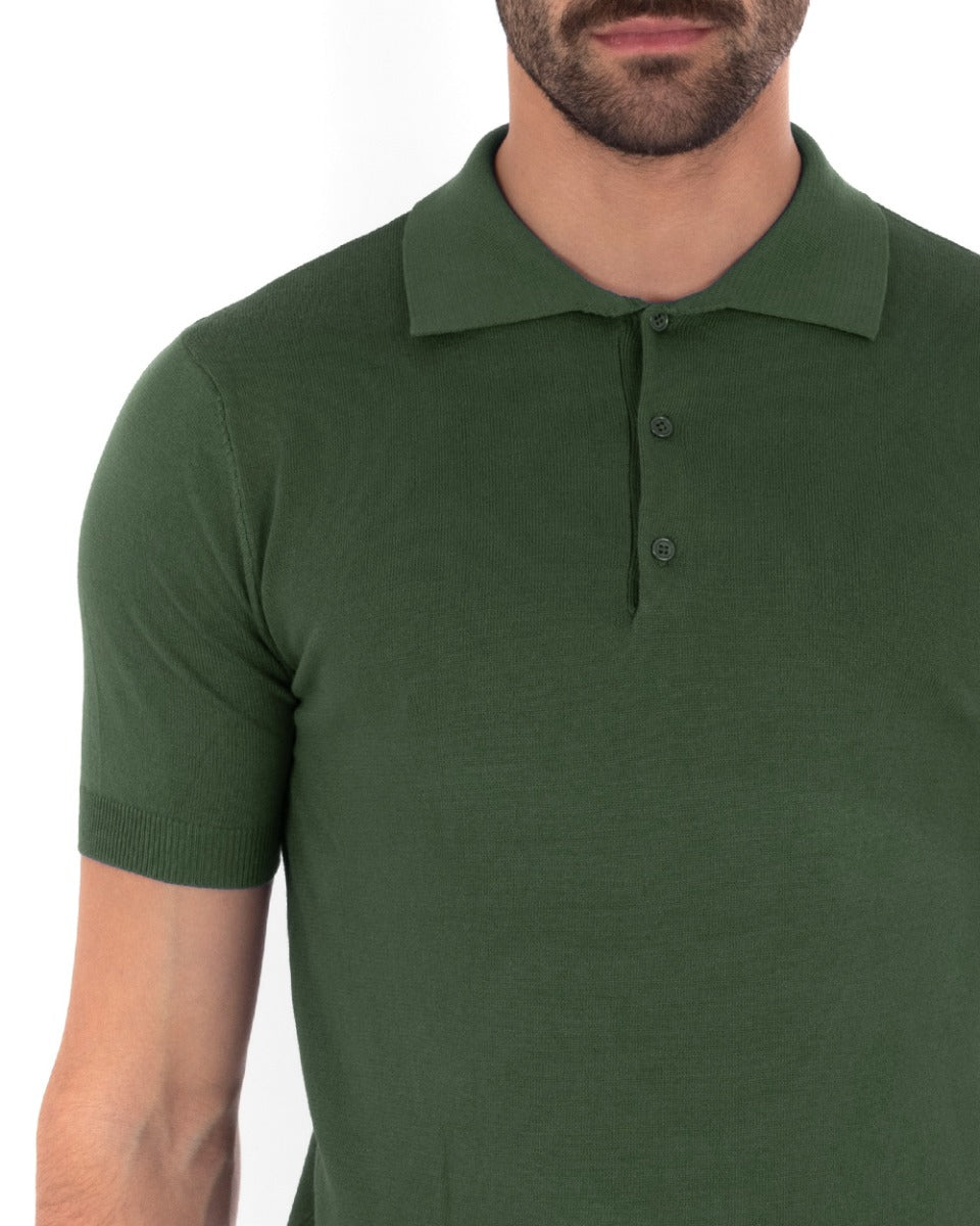 Polo Filo Uomo T-Shirt Manica Corta Con Colletto Bottoni Tinta Unita Verde Casual GIOSAL-TS2777A