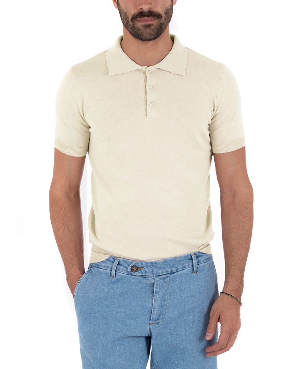 Polo Filo Uomo T-Shirt Manica Corta Con Colletto Bottoni Tinta Unita Panna Casual GIOSAL-TS2778A