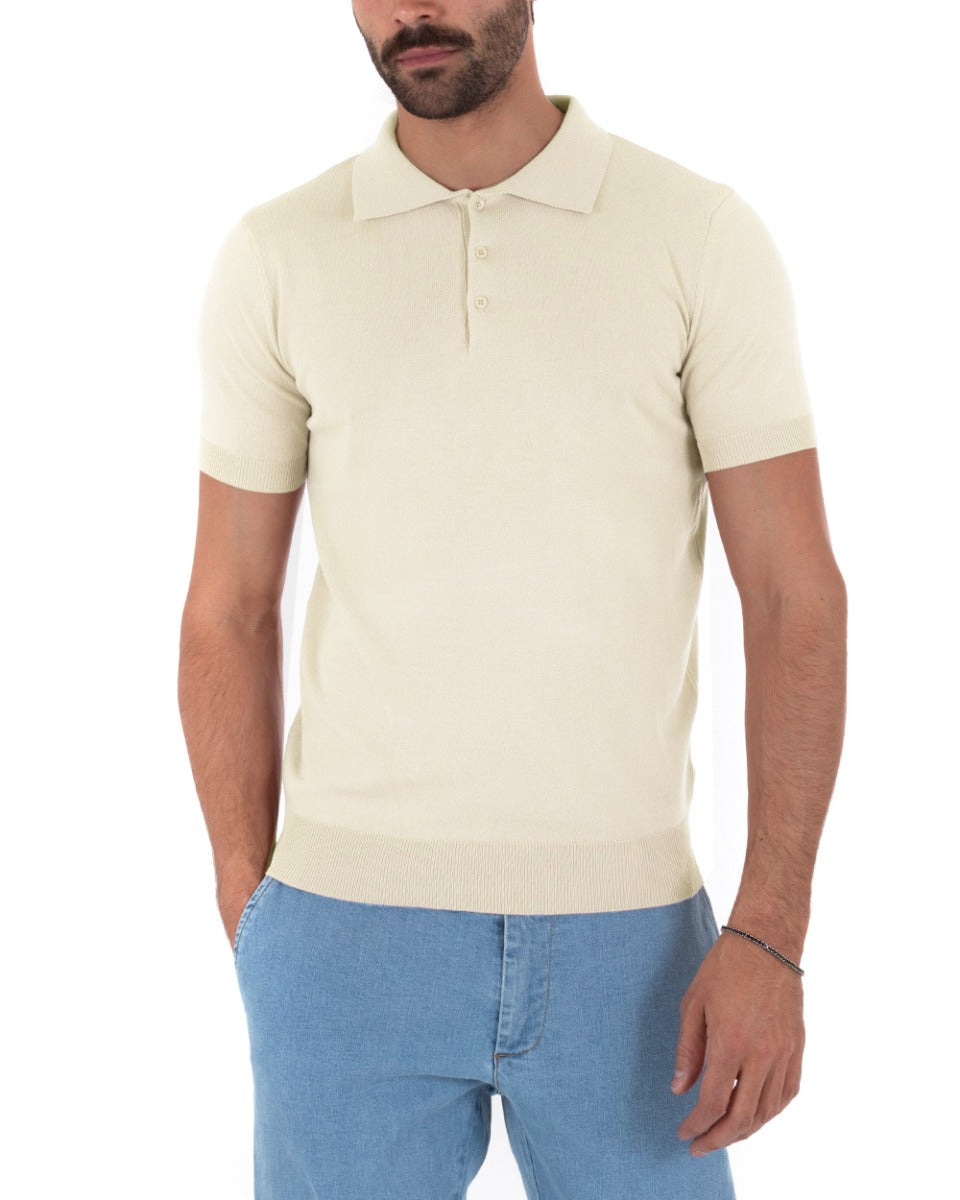 Polo Filo Uomo T-Shirt Manica Corta Con Colletto Bottoni Tinta Unita Panna Casual GIOSAL-TS2778A