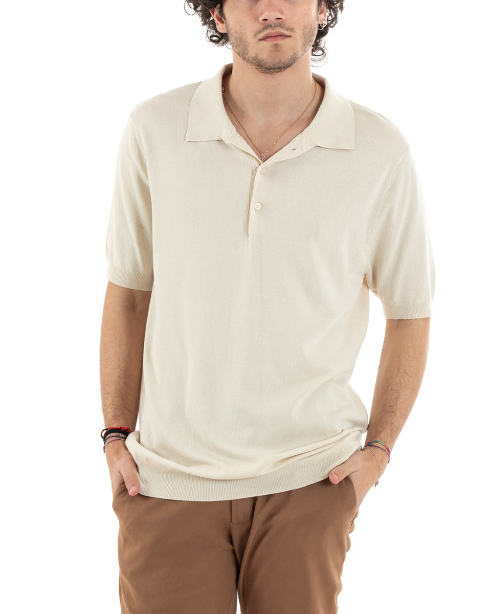 Polo T-Shirt Uomo Manica Corta Tinta Unita Panna Filo Casual GIOSAL-TS2792A