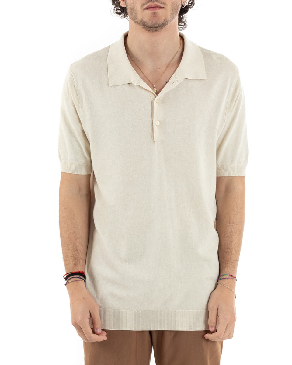 Polo T-Shirt Uomo Manica Corta Tinta Unita Panna Filo Casual GIOSAL-TS2792A