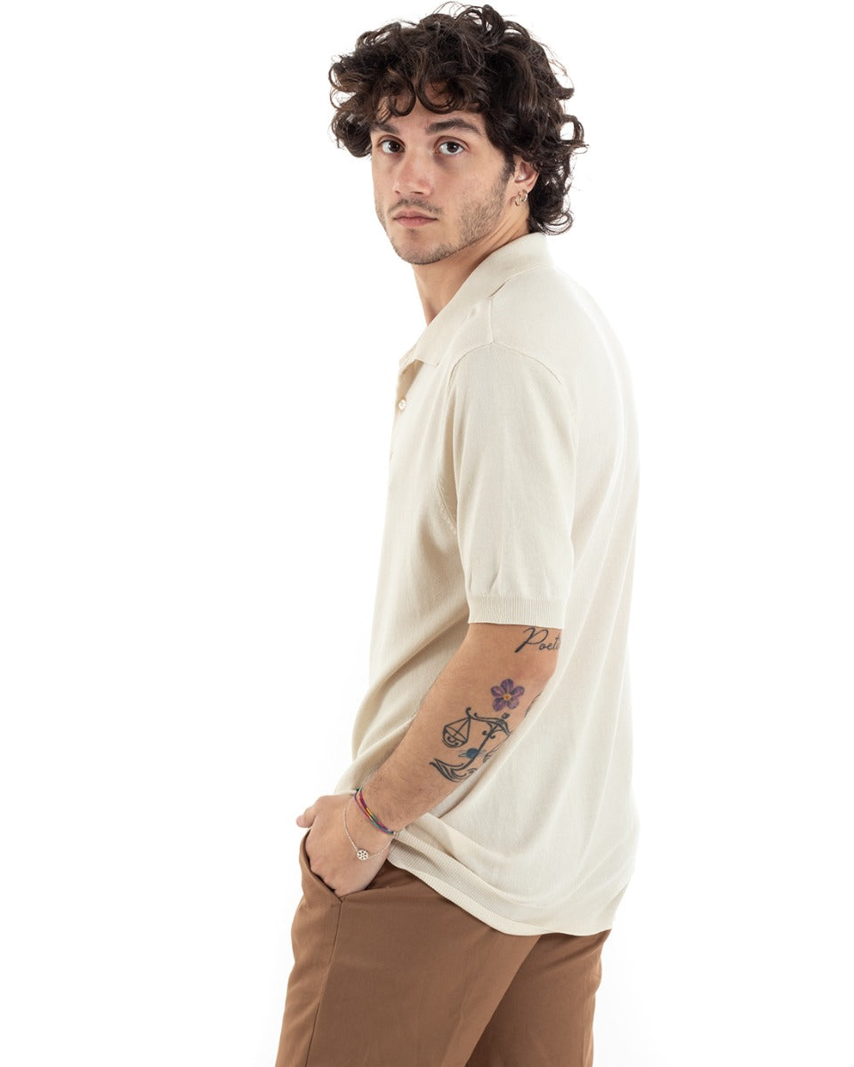 Polo T-Shirt Uomo Manica Corta Tinta Unita Panna Filo Casual GIOSAL-TS2792A