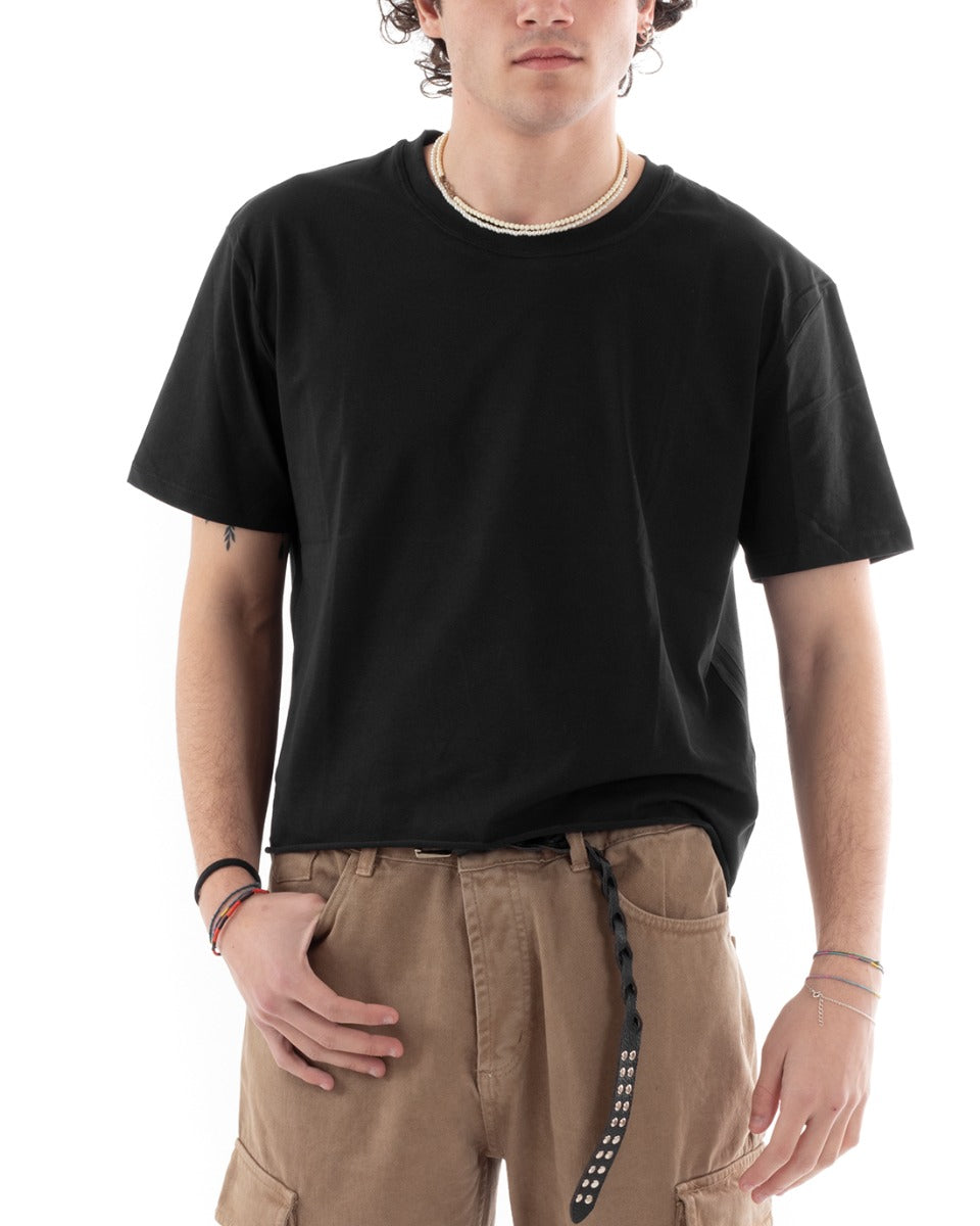T-shirt Uomo Cropped Tinta Unita Nera Boxy Fit Corta Maniche Corte Cas