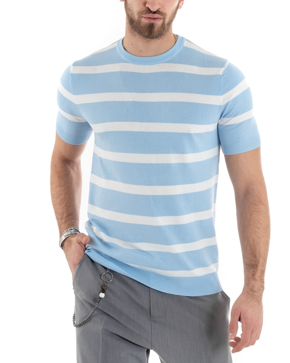 T-shirt Uomo Girocollo Filo Rigata Maniche Corte Bicolore Casual Celeste GIOSAL-TS2862A