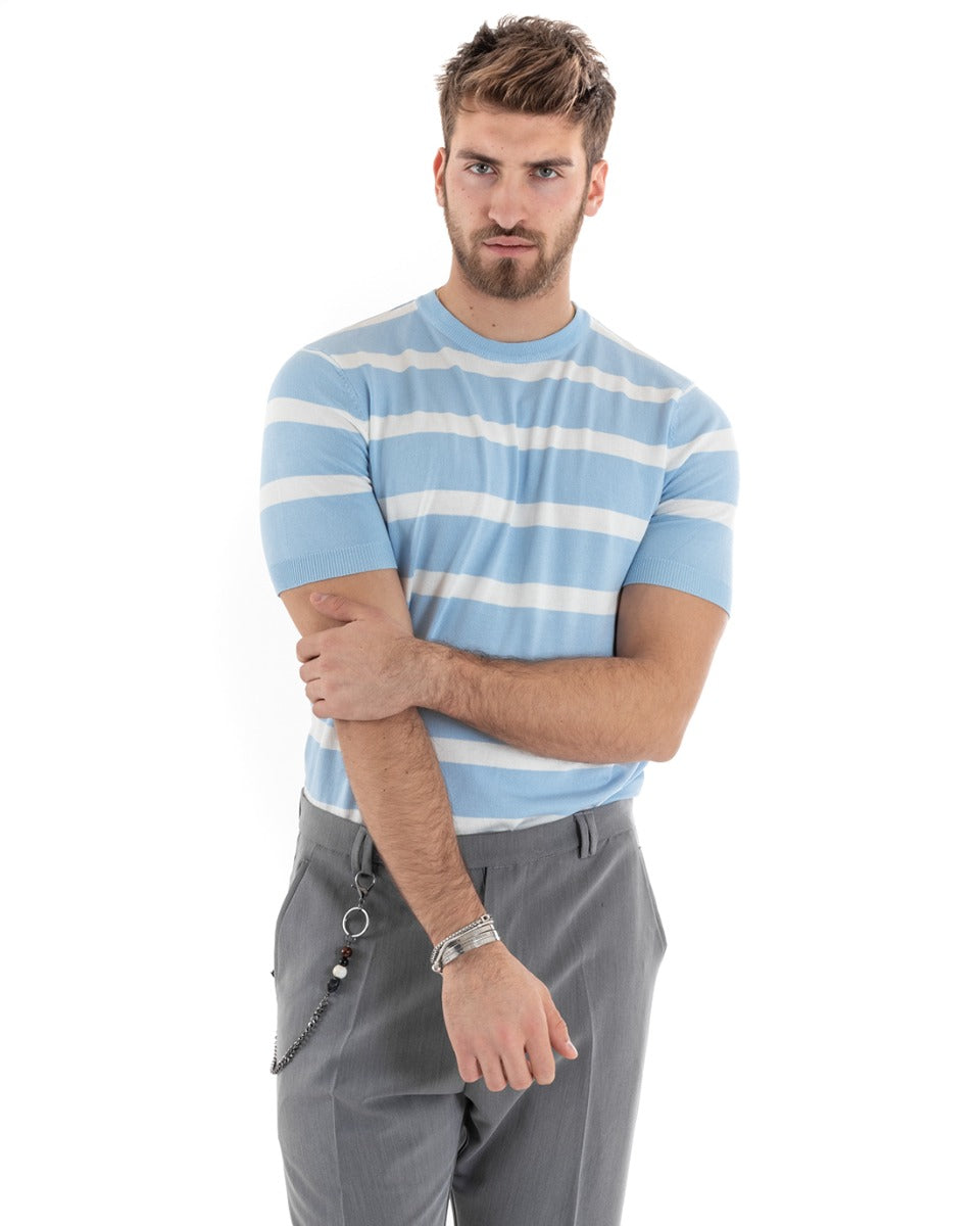 T-shirt Uomo Girocollo Filo Rigata Maniche Corte Bicolore Casual Celeste GIOSAL-TS2862A
