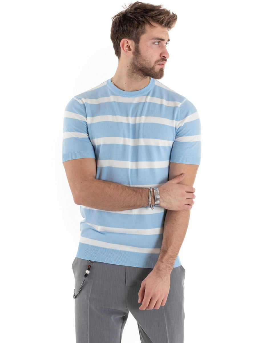 T-shirt Uomo Girocollo Filo Rigata Maniche Corte Bicolore Casual Celeste GIOSAL-TS2862A