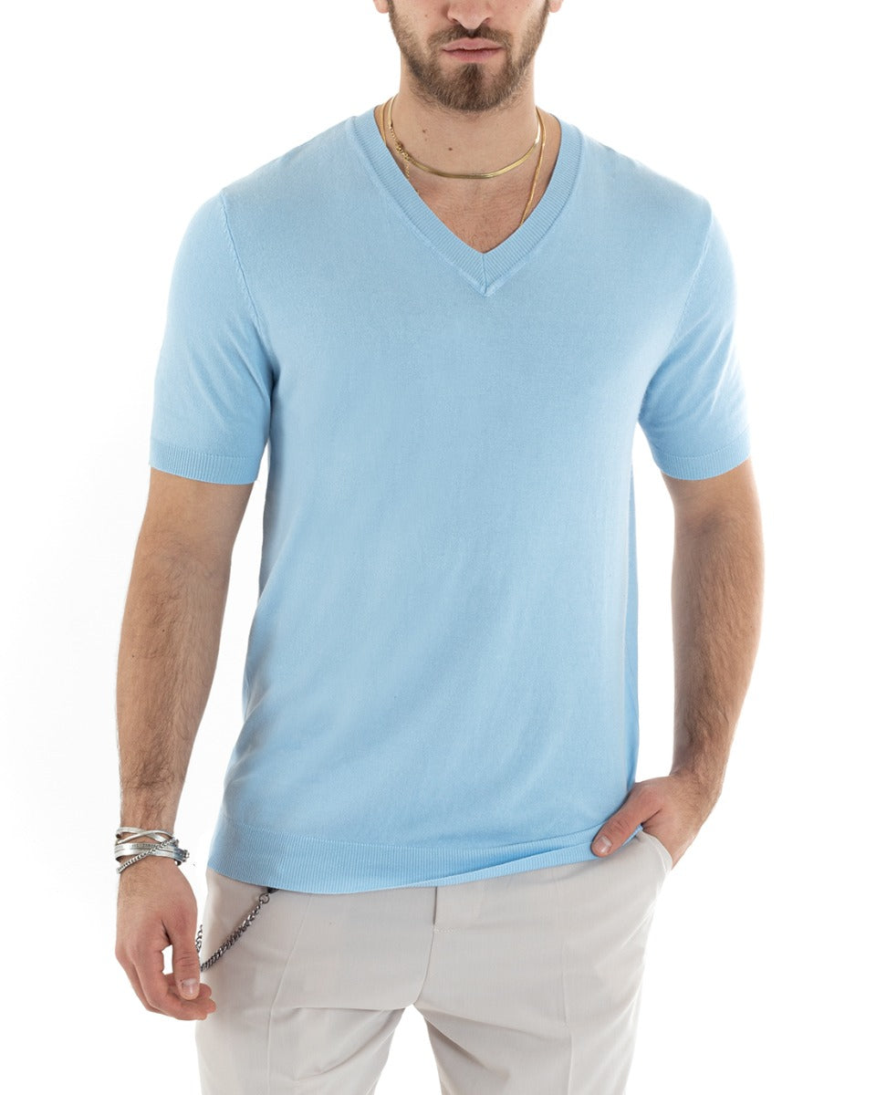 T-shirt Uomo Filo Maniche Corte Tinta Unita Celeste Scollo a V Casual GIOSAL-TS2865A