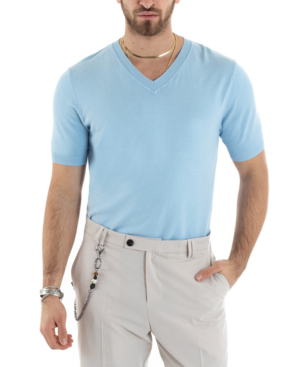 T-shirt Uomo Filo Maniche Corte Tinta Unita Celeste Scollo a V Casual GIOSAL-TS2865A