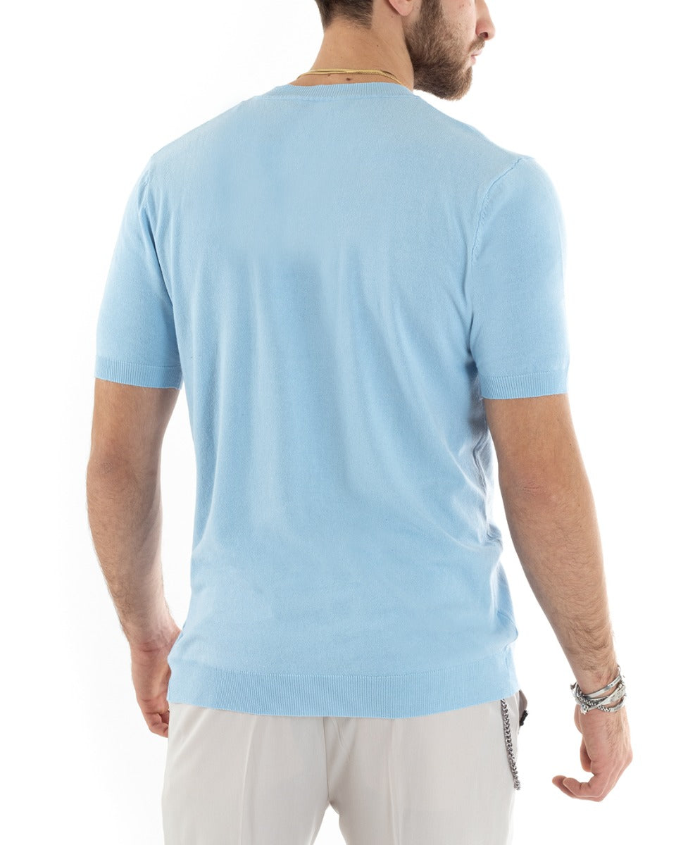 T-shirt Uomo Filo Maniche Corte Tinta Unita Celeste Scollo a V Casual GIOSAL-TS2865A
