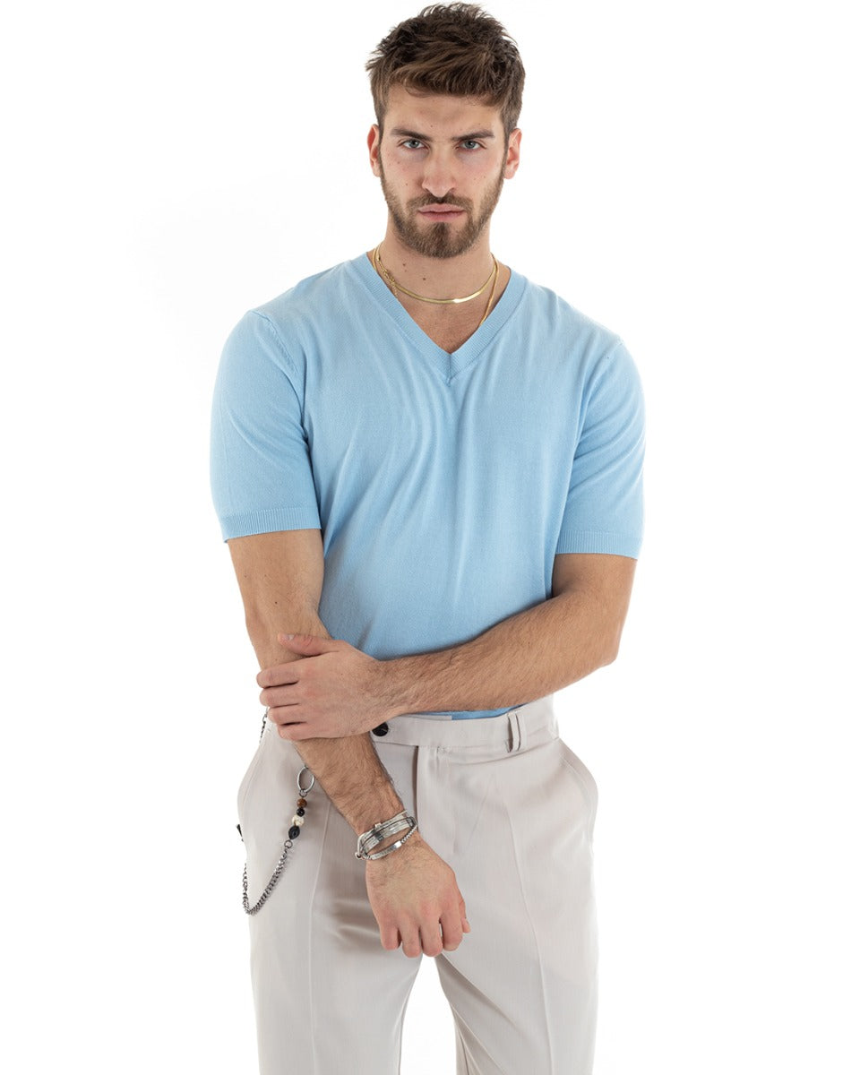 T-shirt Uomo Filo Maniche Corte Tinta Unita Celeste Scollo a V Casual GIOSAL-TS2865A