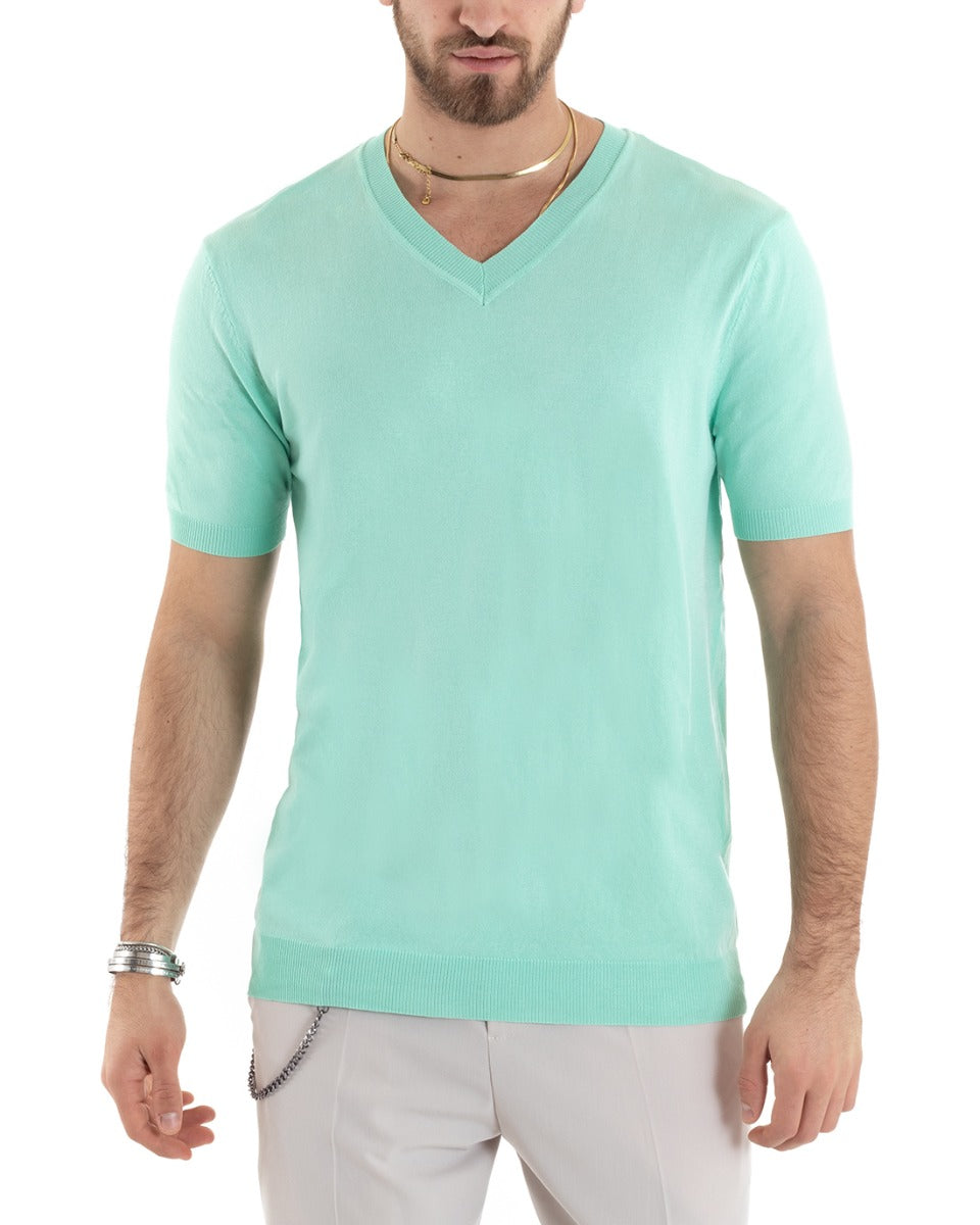 T-shirt Uomo Filo Maniche Corte Tinta Unita Verde Acqua Scollo a V Casual GIOSAL-TS2866A