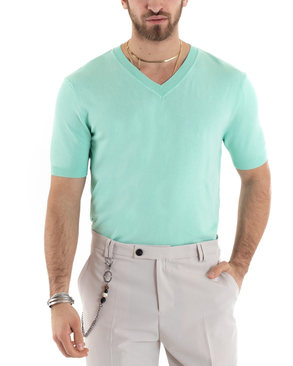 T-shirt Uomo Filo Maniche Corte Tinta Unita Verde Acqua Scollo a V Casual GIOSAL-TS2866A