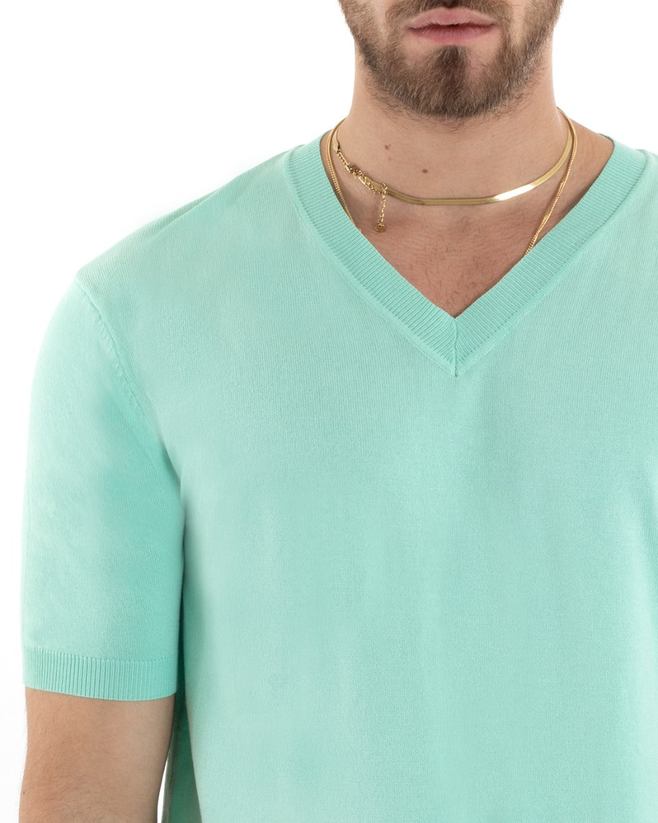 T-shirt Uomo Filo Maniche Corte Tinta Unita Verde Acqua Scollo a V Casual GIOSAL-TS2866A