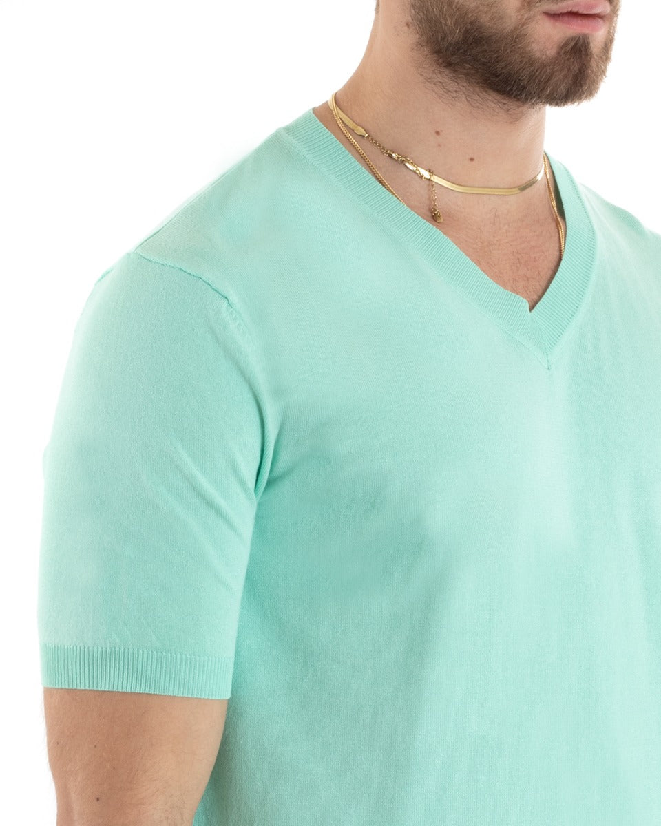 T-shirt Uomo Filo Maniche Corte Tinta Unita Verde Acqua Scollo a V Casual GIOSAL-TS2866A