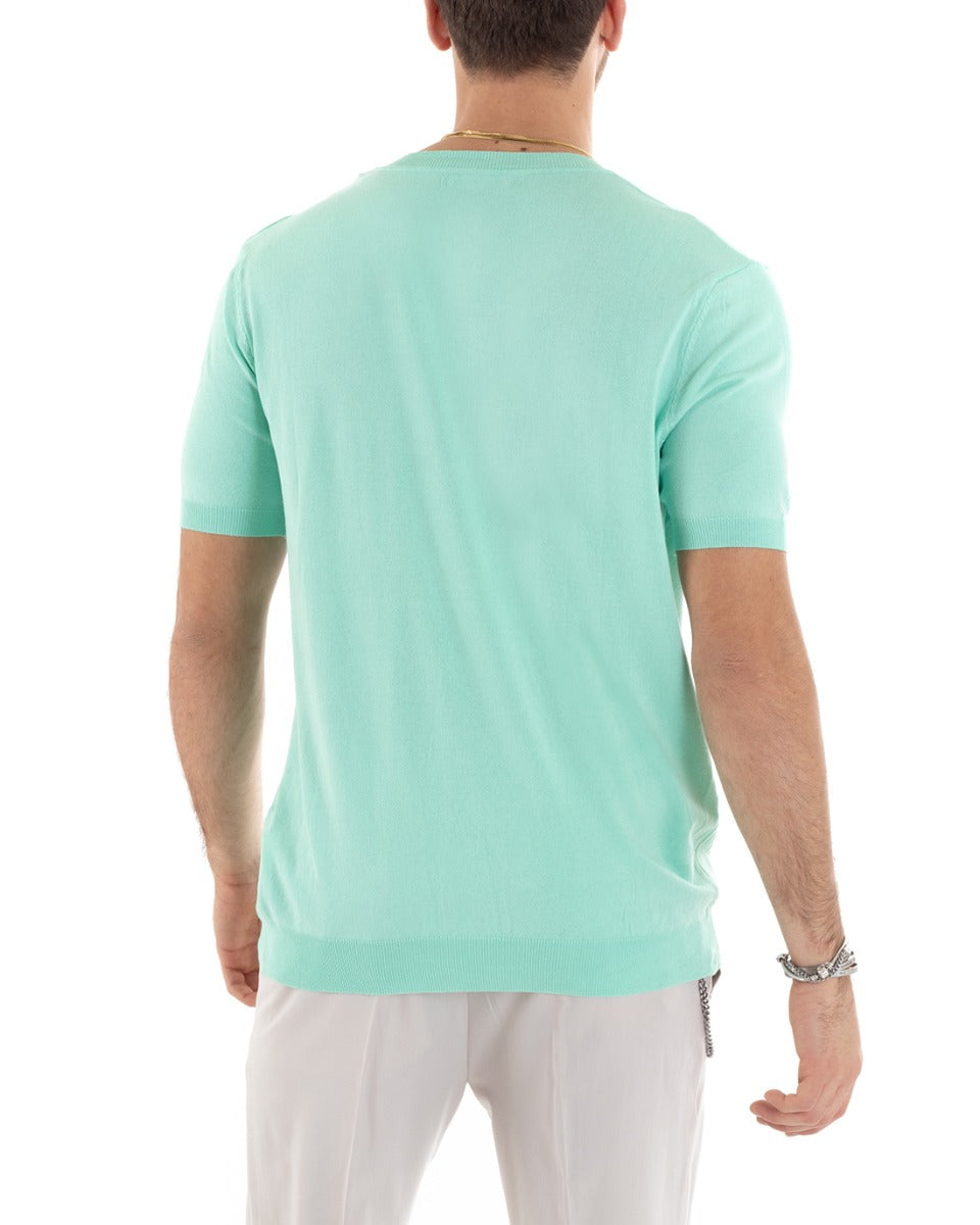 T-shirt Uomo Filo Maniche Corte Tinta Unita Verde Acqua Scollo a V Casual GIOSAL-TS2866A