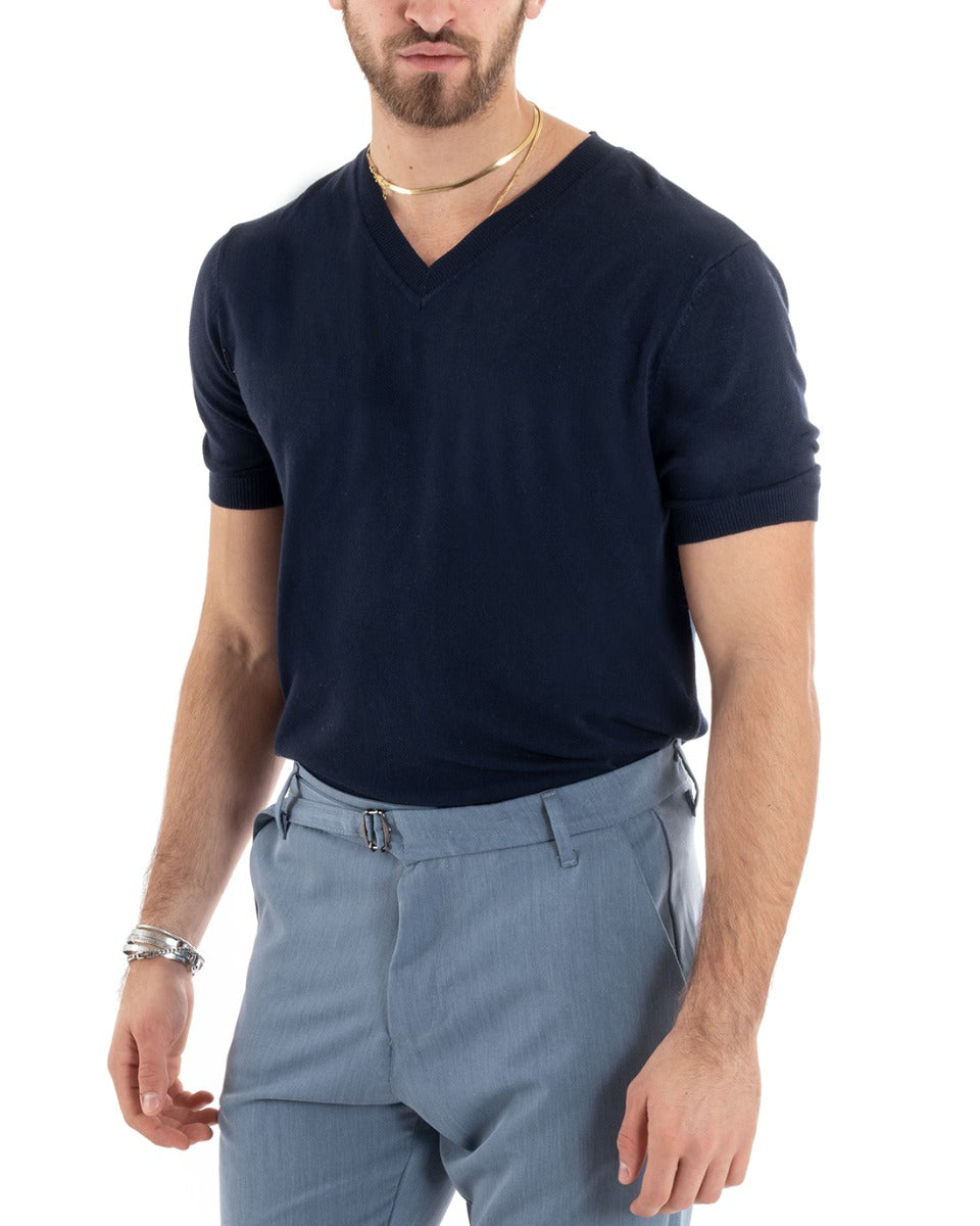 T-shirt Uomo Filo Maniche Corte Tinta Unita Blu Scollo a V Casual GIOSAL-TS2867A