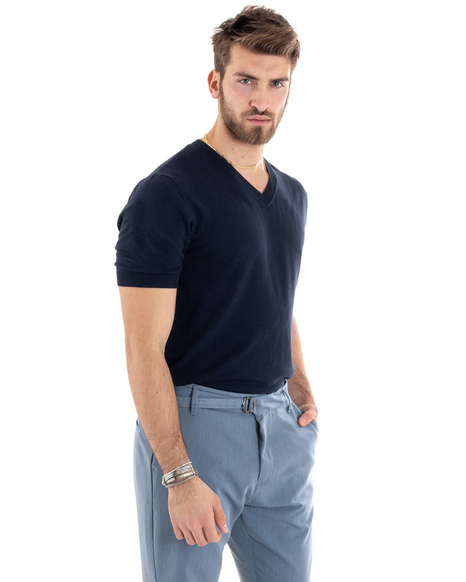 T-shirt Uomo Filo Maniche Corte Tinta Unita Blu Scollo a V Casual GIOSAL-TS2867A