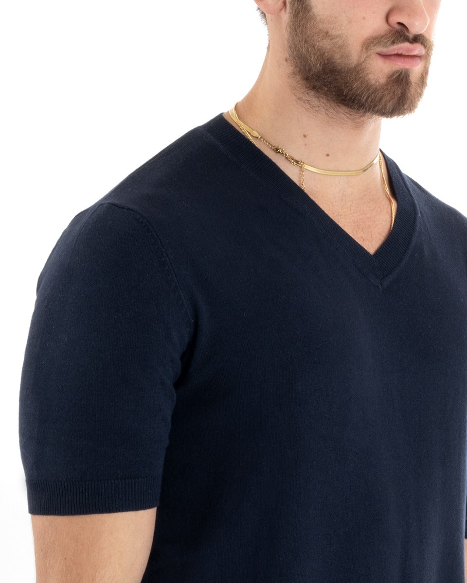 T-shirt Uomo Filo Maniche Corte Tinta Unita Blu Scollo a V Casual GIOSAL-TS2867A