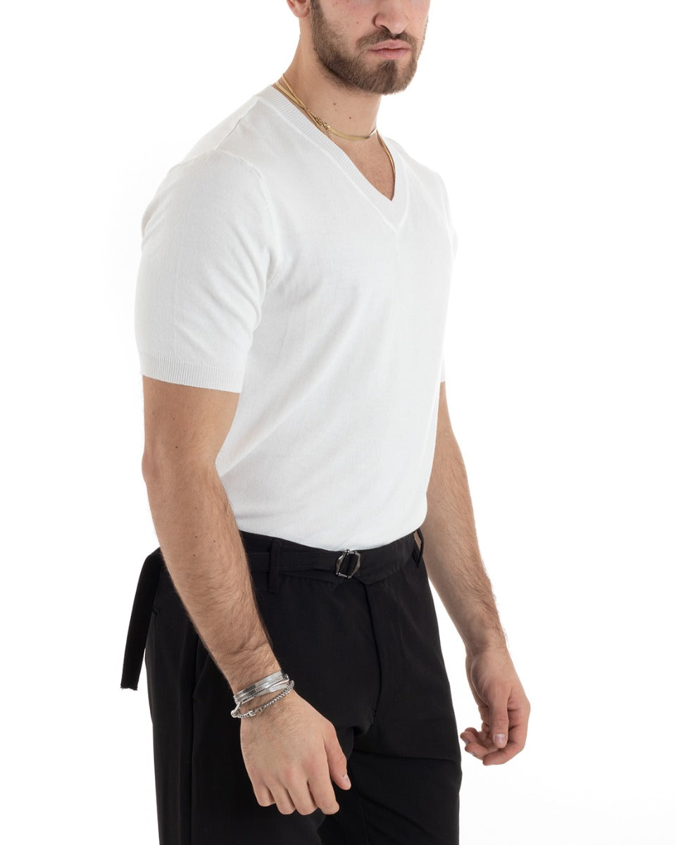 T-shirt Uomo Filo Maniche Corte Tinta Unita Bianco Scollo a V Casual GIOSAL-TS2868A