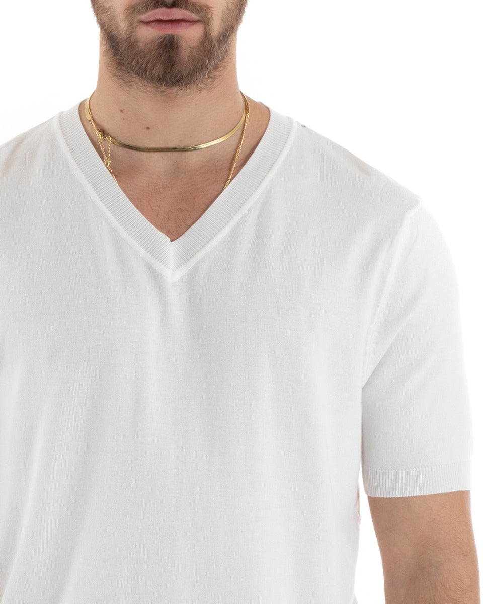 T-shirt Uomo Filo Maniche Corte Tinta Unita Bianco Scollo a V Casual GIOSAL-TS2868A