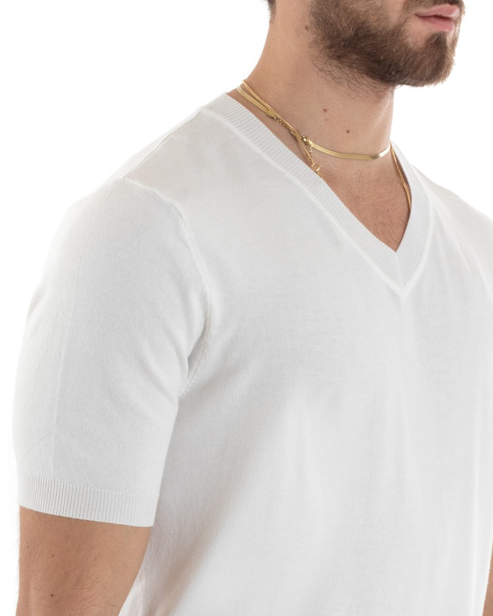 T-shirt Uomo Filo Maniche Corte Tinta Unita Bianco Scollo a V Casual GIOSAL-TS2868A