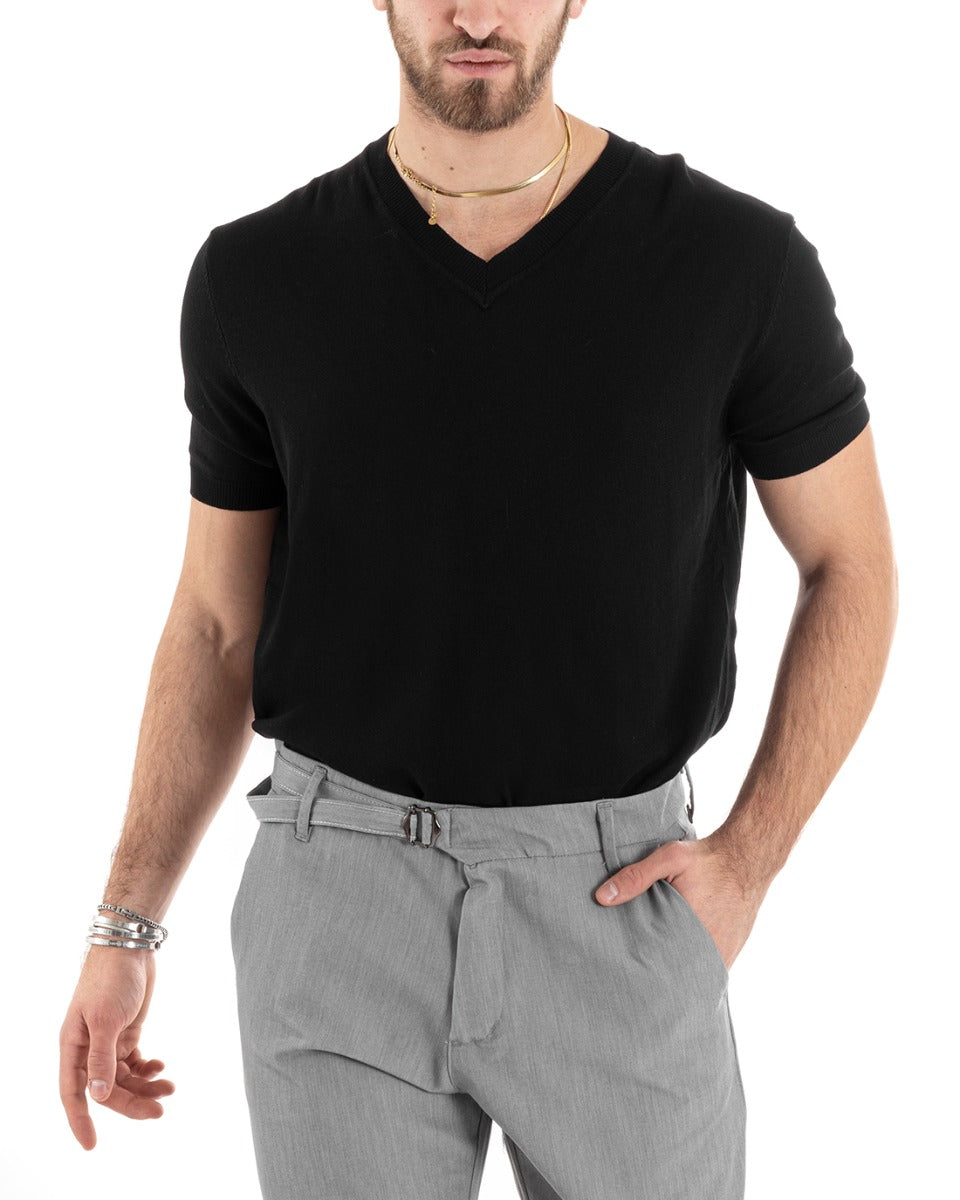 T-shirt Uomo Filo Maniche Corte Tinta Unita Nero Scollo a V Casual GIOSAL-TS2869A