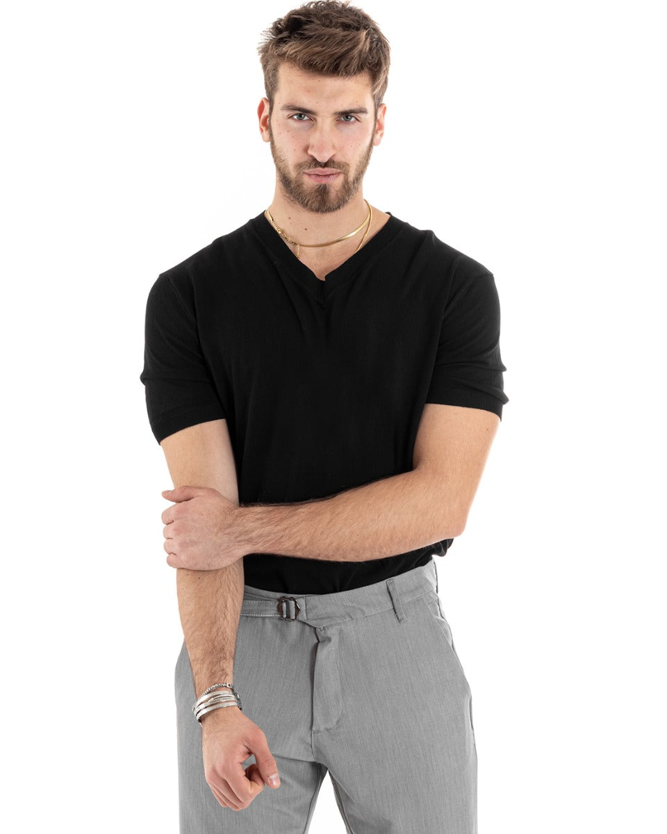 T-shirt Uomo Filo Maniche Corte Tinta Unita Nero Scollo a V Casual GIOSAL-TS2869A
