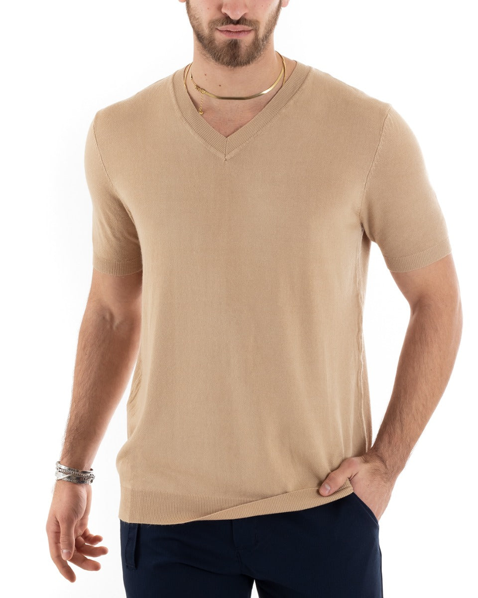 T-shirt Uomo Filo Maniche Corte Tinta Unita Camel Scollo a V Casual GIOSAL-TS2870A