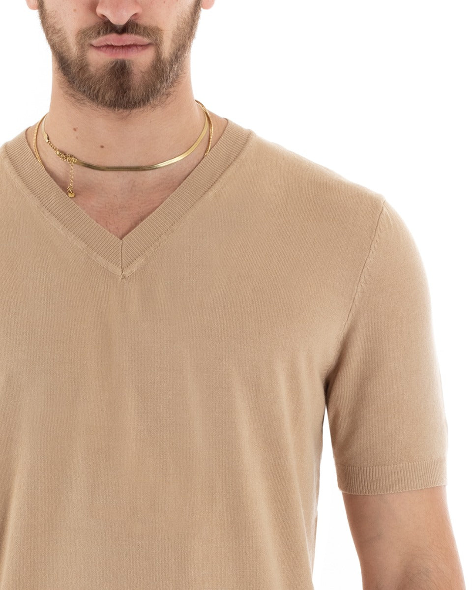T-shirt Uomo Filo Maniche Corte Tinta Unita Camel Scollo a V Casual GIOSAL-TS2870A