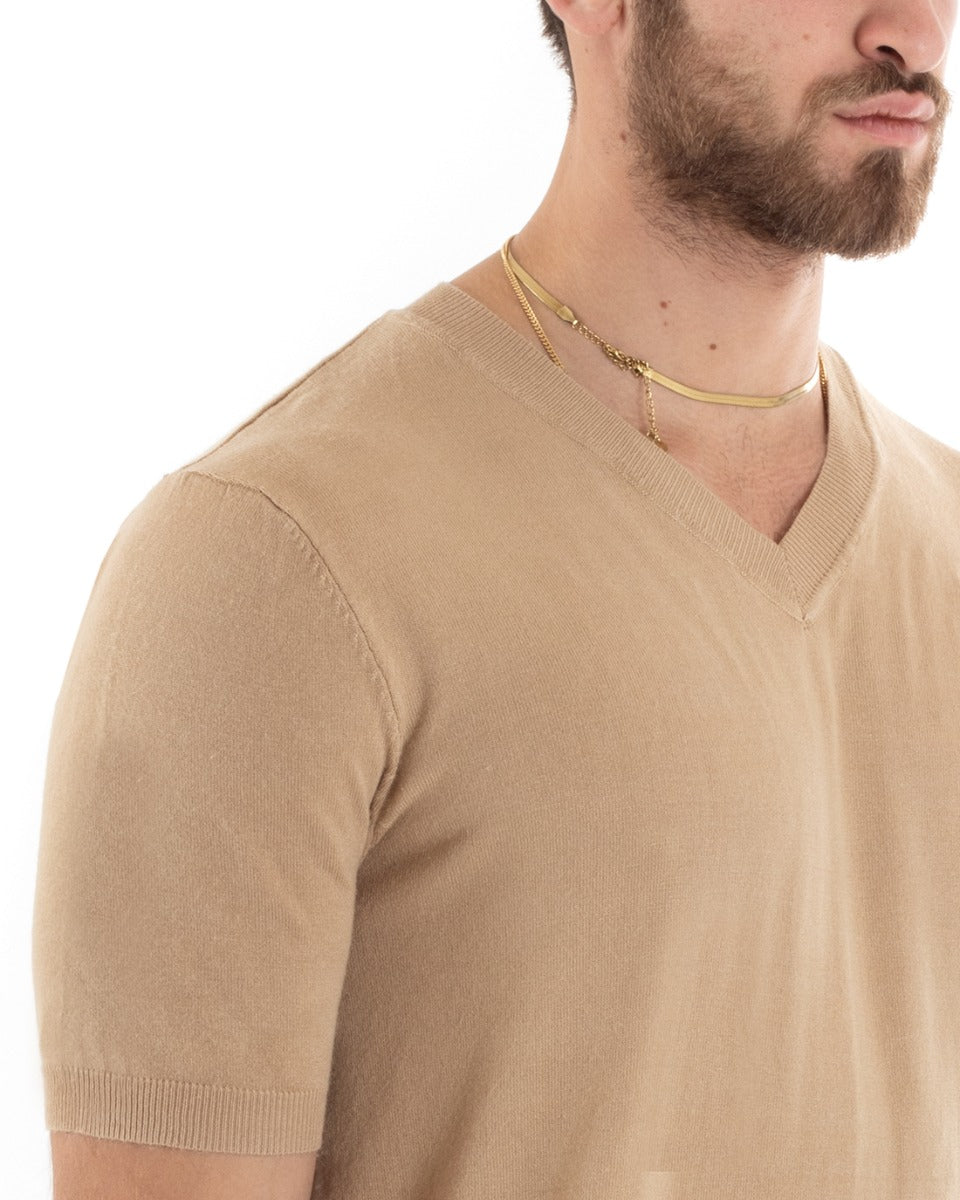 T-shirt Uomo Filo Maniche Corte Tinta Unita Camel Scollo a V Casual GIOSAL-TS2870A