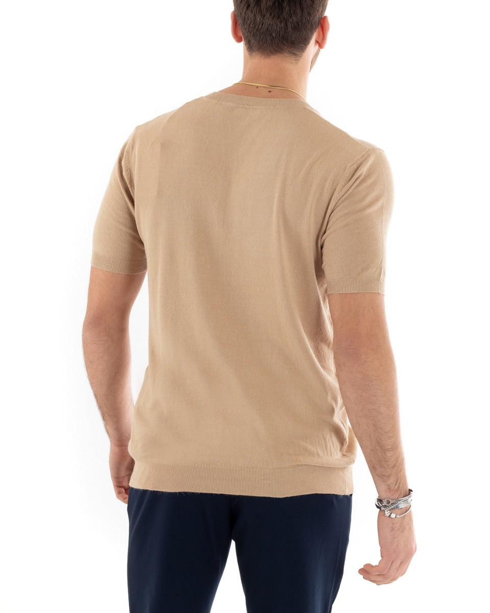 T-shirt Uomo Filo Maniche Corte Tinta Unita Camel Scollo a V Casual GIOSAL-TS2870A