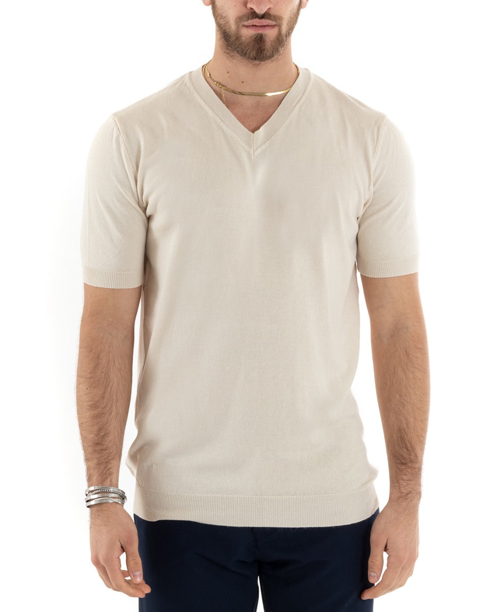 T-shirt Uomo Filo Maniche Corte Tinta Unita Beige Scollo a V Casual GIOSAL-TS2871A