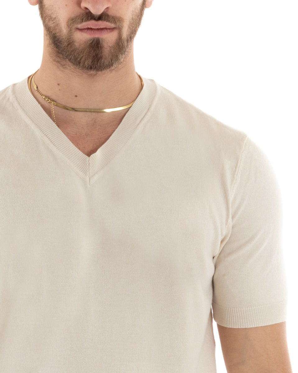 T-shirt Uomo Filo Maniche Corte Tinta Unita Beige Scollo a V Casual GIOSAL-TS2871A