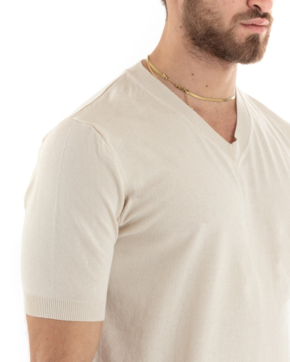 T-shirt Uomo Filo Maniche Corte Tinta Unita Beige Scollo a V Casual GIOSAL-TS2871A