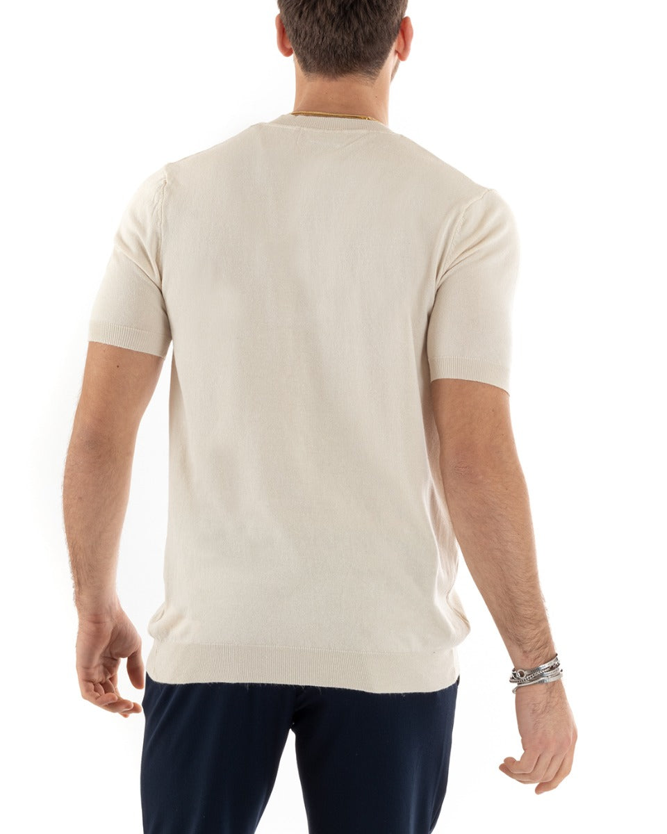 T-shirt Uomo Filo Maniche Corte Tinta Unita Beige Scollo a V Casual GIOSAL-TS2871A