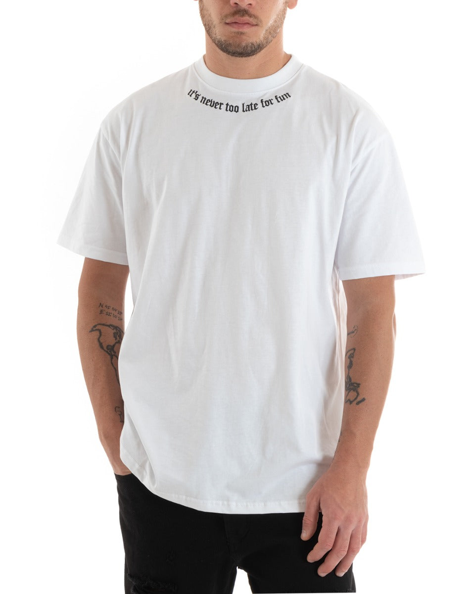 T-shirt Uomo Maglia Girocollo Scritta Manica Corta Tinta Unita Bianca Oversize GIOSAL-TS2880A
