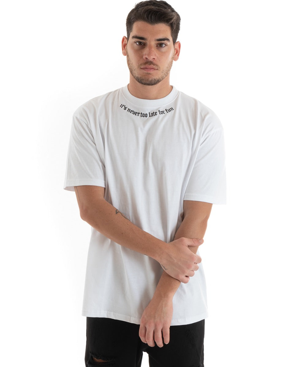 T-shirt Uomo Maglia Girocollo Scritta Manica Corta Tinta Unita Bianca Oversize GIOSAL-TS2880A