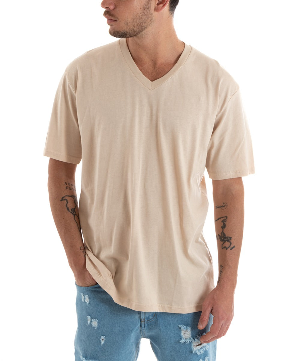 T-shirt Uomo Maglia Tinta Unita Beige Oversize Scollo a V Basic Casual