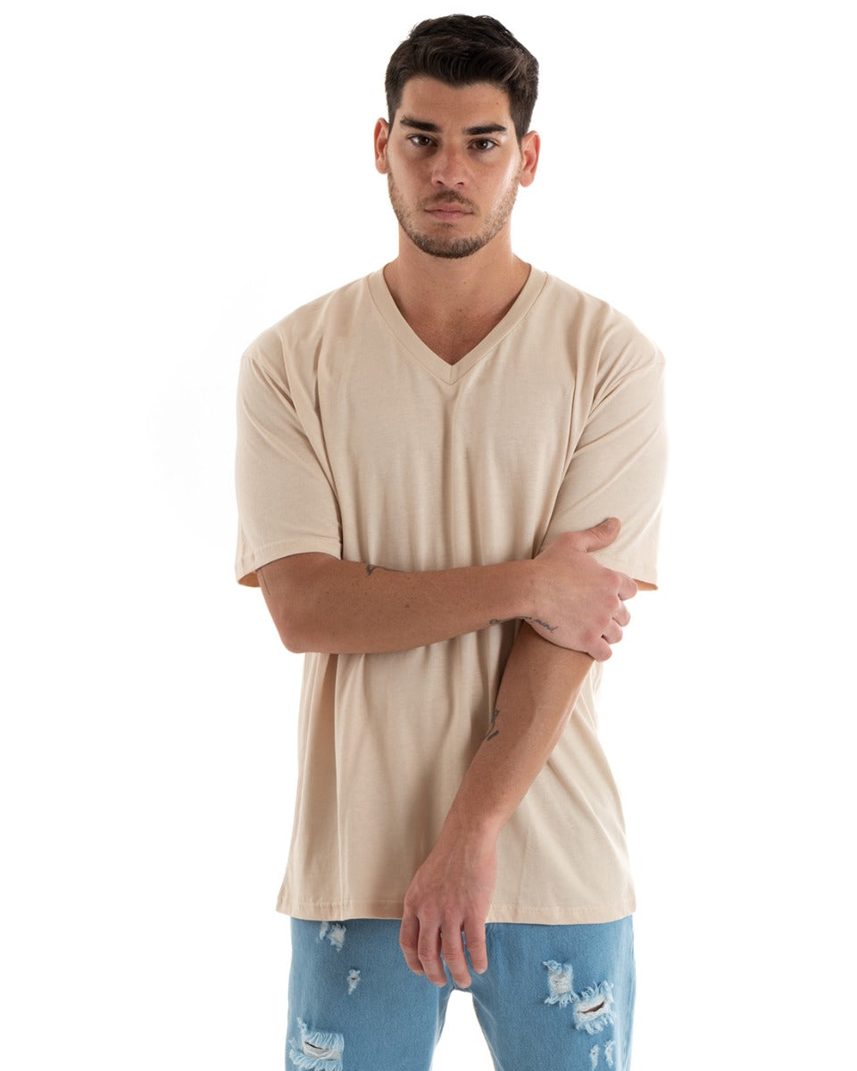 T-shirt Uomo Maglia Tinta Unita Beige Oversize Scollo a V Basic Casual GIOSAL-TS2883A