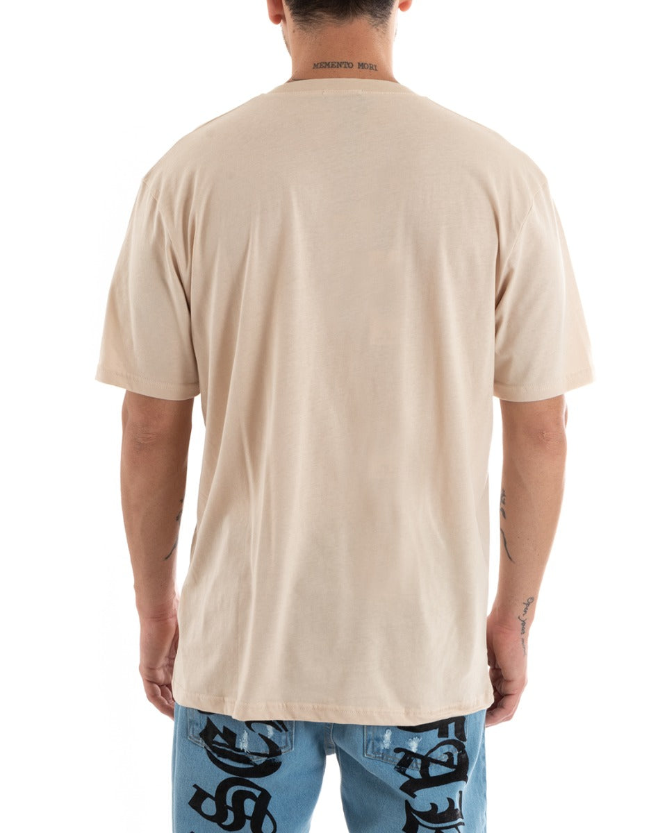 T-shirt Uomo Maglia Tinta Unita Beige Oversize Scollo a V Basic Casual GIOSAL-TS2883A