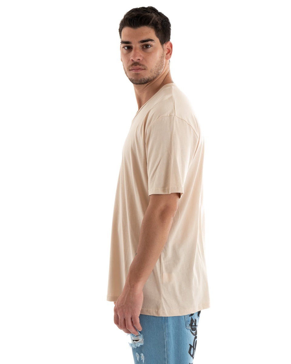 T-shirt Uomo Maglia Tinta Unita Beige Oversize Scollo a V Basic Casual GIOSAL-TS2883A