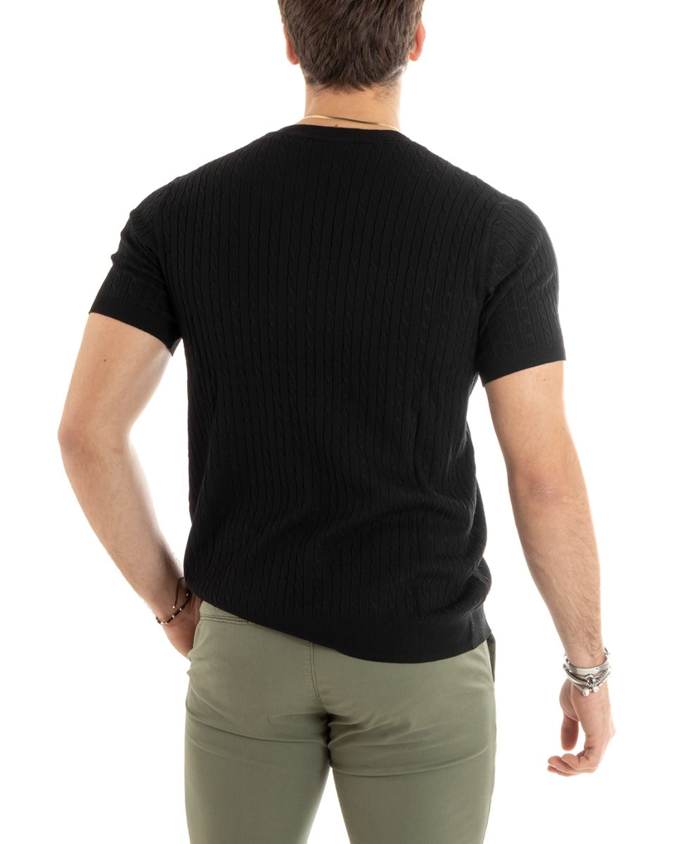 T-shirt Uomo Filo Manica Corta Girocollo Tinta Unita Nero Basic Trecce GIOSAL-TS2888A